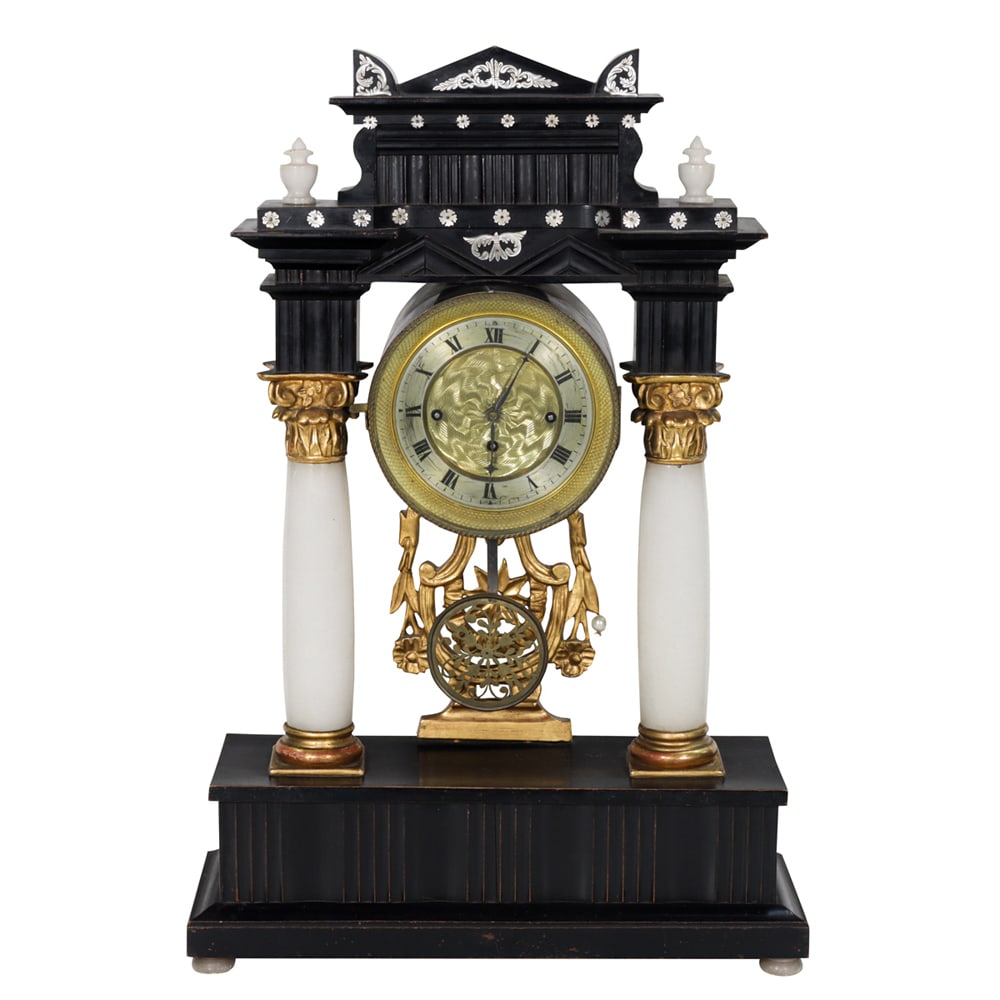 An Austrian Biedermeier portico clock: An Austrian Biedermeier portico clock, circa 1820, the ebonized case with mother of pearl reserves surrounding the pediment, above the alabaster supports with gilt Corinthian capitals, the dial fronti