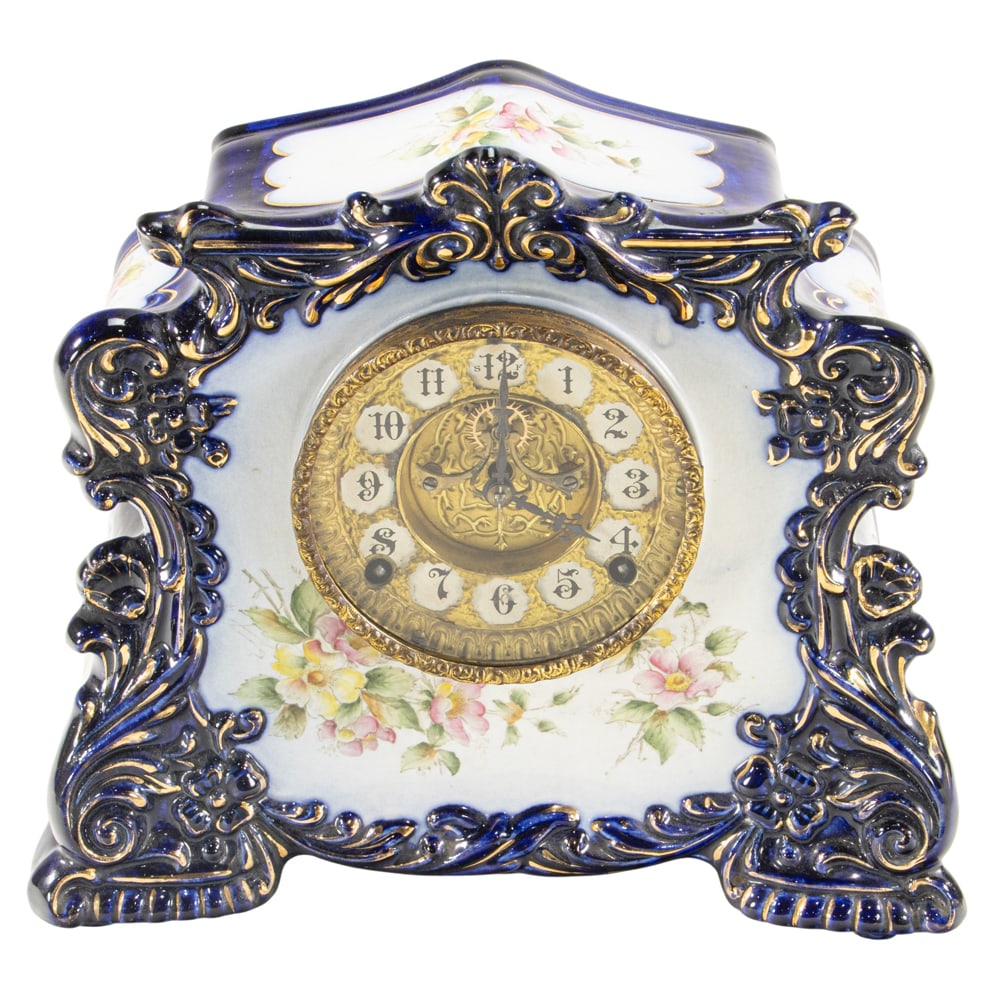 A Wm. L. Gilbert Clock Co. cobalt decorated porcelain clock (1 of 6)