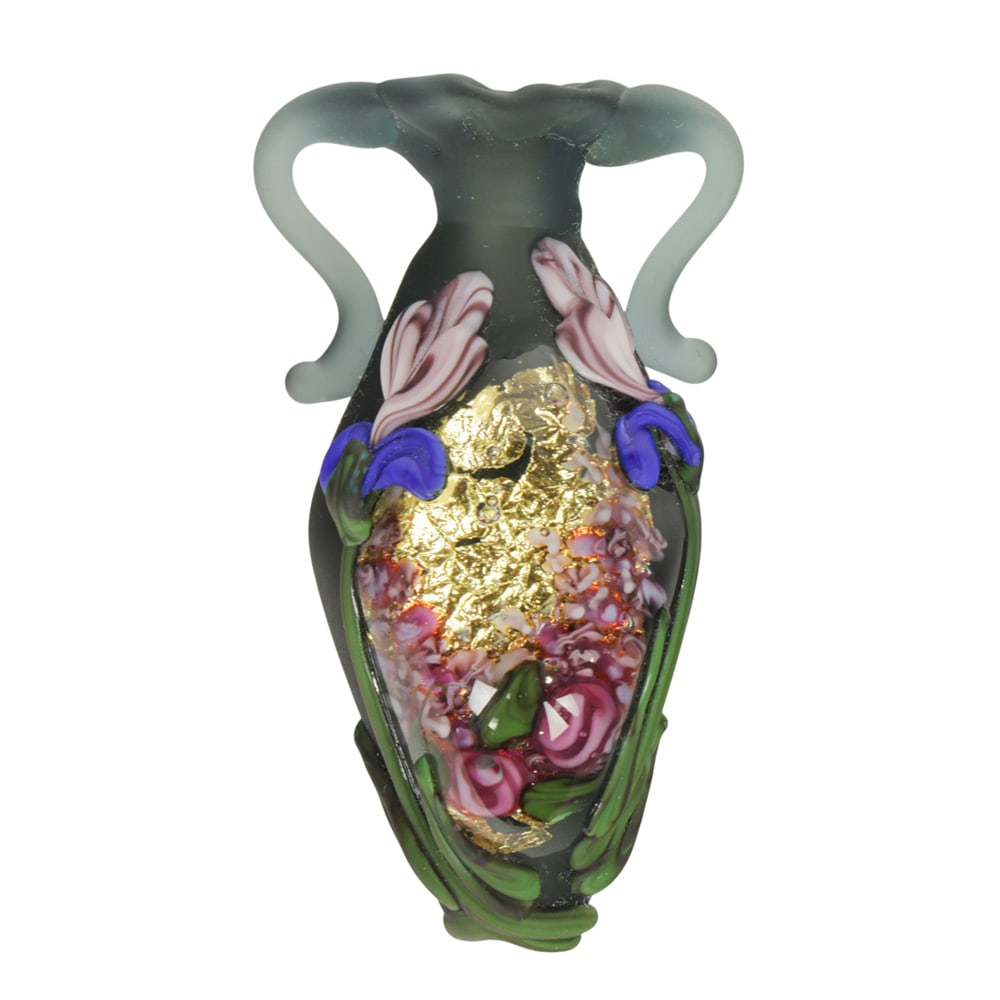A Venetian miniature glass two-handled vase: A Venetian miniature glass two-handled vase, decorated with flowers and gold foil inclusions, 2"l