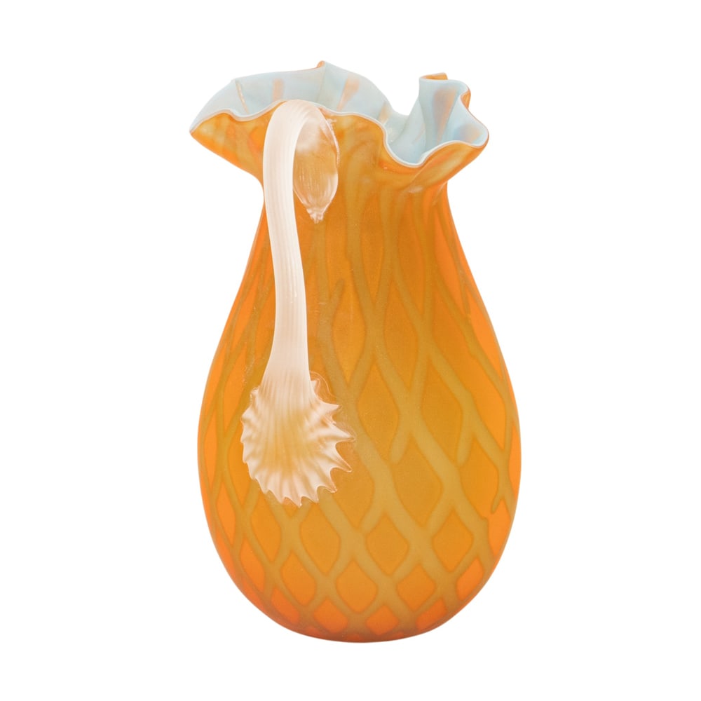 A Victorian satin quilted glass pitcher: A Victorian satin quilted glass pitcher, 6"h