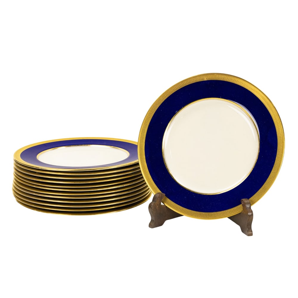 A set of thirteen Lenox cobalt and tooled gilt porcelain dinner plates (1 of 2)