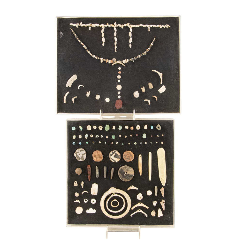 Two display cases of mainly Pre Columbian beads: Two display cases of mainly Pre Columbian beads, largest 11"h x 14"w, smallest 12"sq