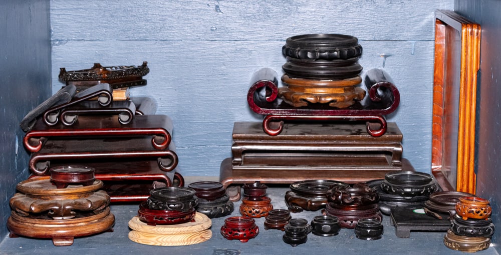 An assembled group of mainly Chinese hardwood stands: An assembled group of mainly Chinese hardwood stands, [approx 49]