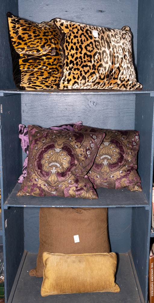 An assembled group of seven accent pillows: An assembled group of seven accent pillows, including animal print and damask pattern velvet, greatest 20" x 20"