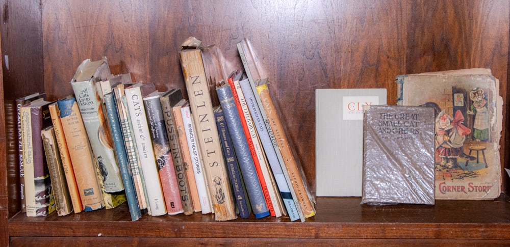 An assembled group of books on the topic of domesticated cats: An assembled group of books on the topic of domesticated cats, titles consisting of the history of cats primarily in Western art and visual culture, Western creative literature, etc