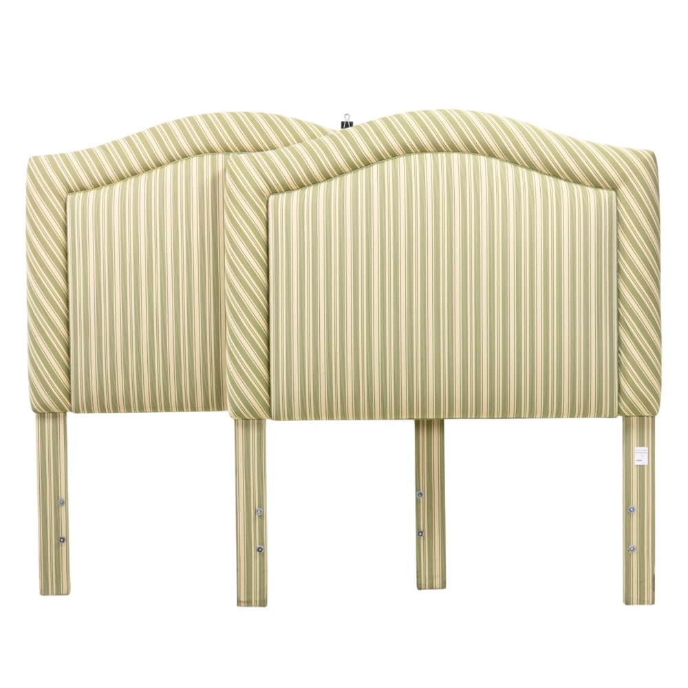 Three pairs of twin headboards: Three pairs of twin headboards, comprising pair of faux-bamboo headboards with upholstered back, 67"h x 39"w; pair of Chippendale style headboards 41"h x 45.5"w and a pair of contemporary striped