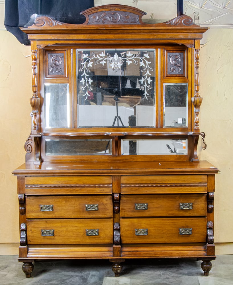 A large Victorian dresser with engraved mirrored hutch: A large Victorian dresser with engraved mirrored hutch, fitted with six drawers, 82"h x 64"w x 22"d
