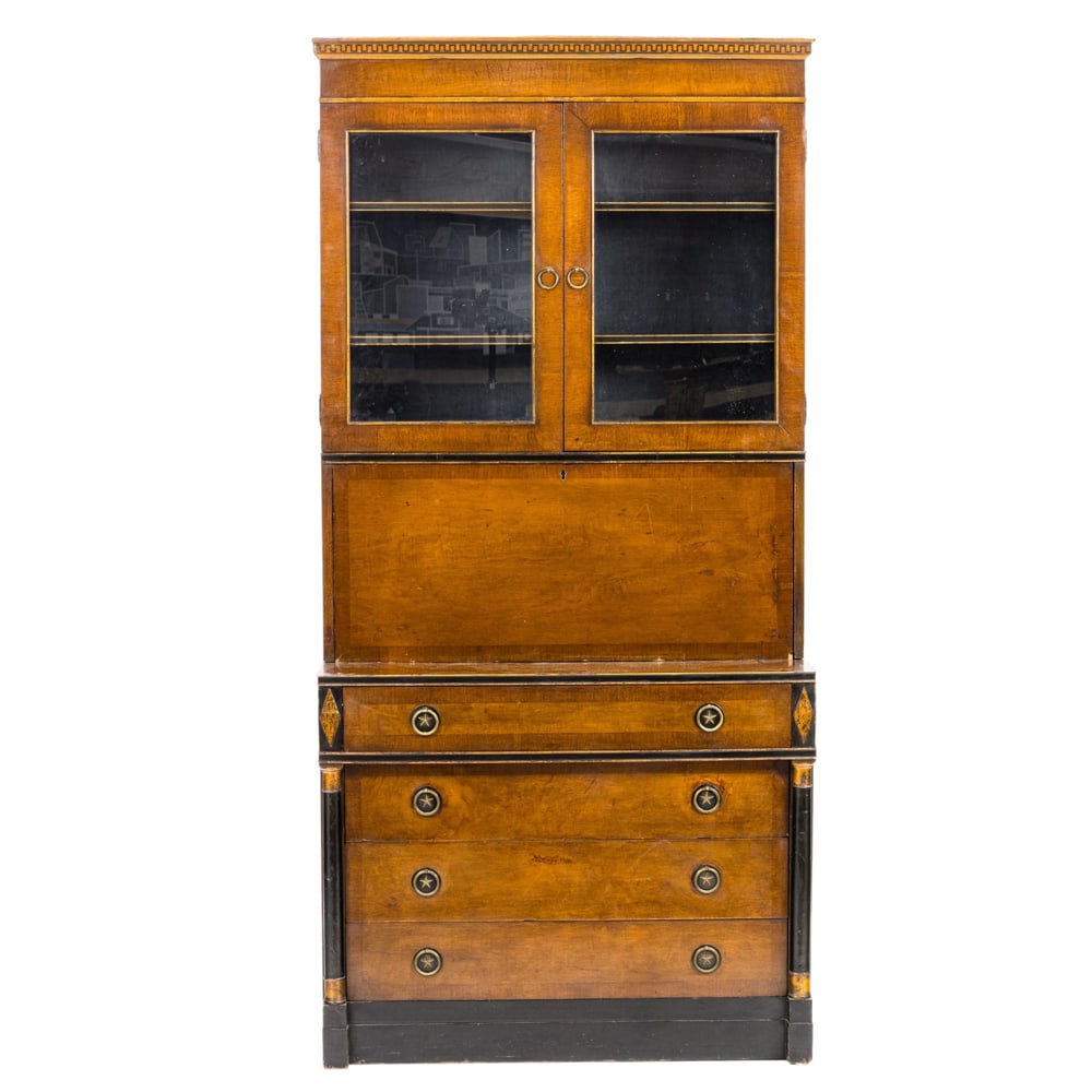 A Neoclassical secretary: A Neoclassical secretary, 19th century, the top with a Greek Key frieze above the two doors, resting on the fall front opening to the mirrored niche flanked by the two arched compartments, the lower