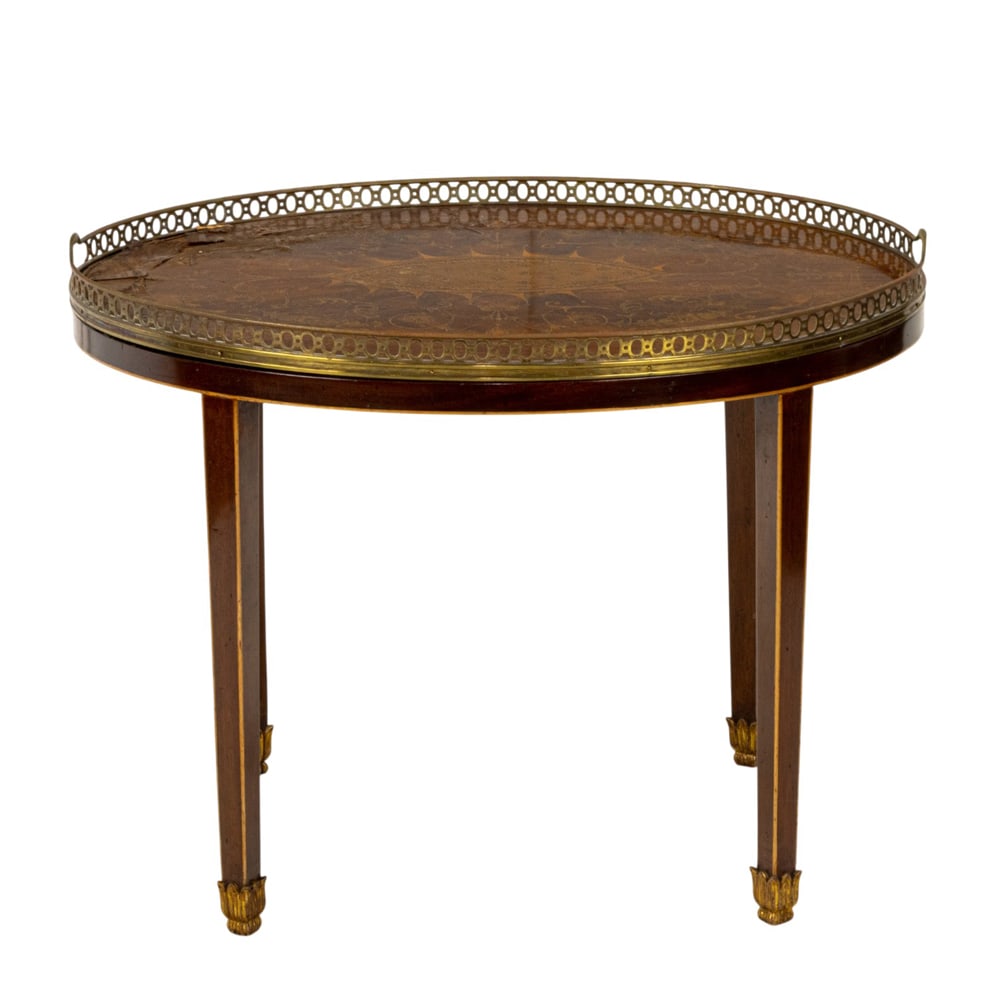 A Neoclassical style inlaid tea table: A Neoclassical style inlaid tea table, featuring with galleried surround, 22.5"h x 30"w x 22"d