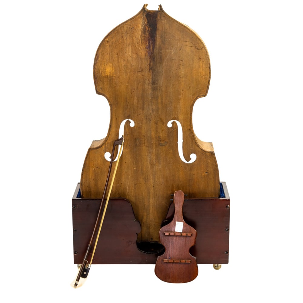 A Bass for parts: A Bass for parts, bass bow, bass form wall mount spoon holder, and bass stand [3 total]