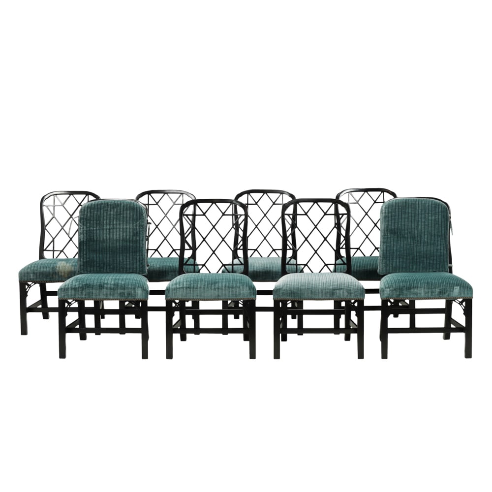 A set of eight Hickory Chair black lacquer dining chairs: A set of eight Hickory Chair black lacquer dining chairs, in the Chinese Chippendale taste, with lattice back, and teal velvet upholstery with brass nail head trim, 37.5"h x 22"w x 19"d (overall); 19.