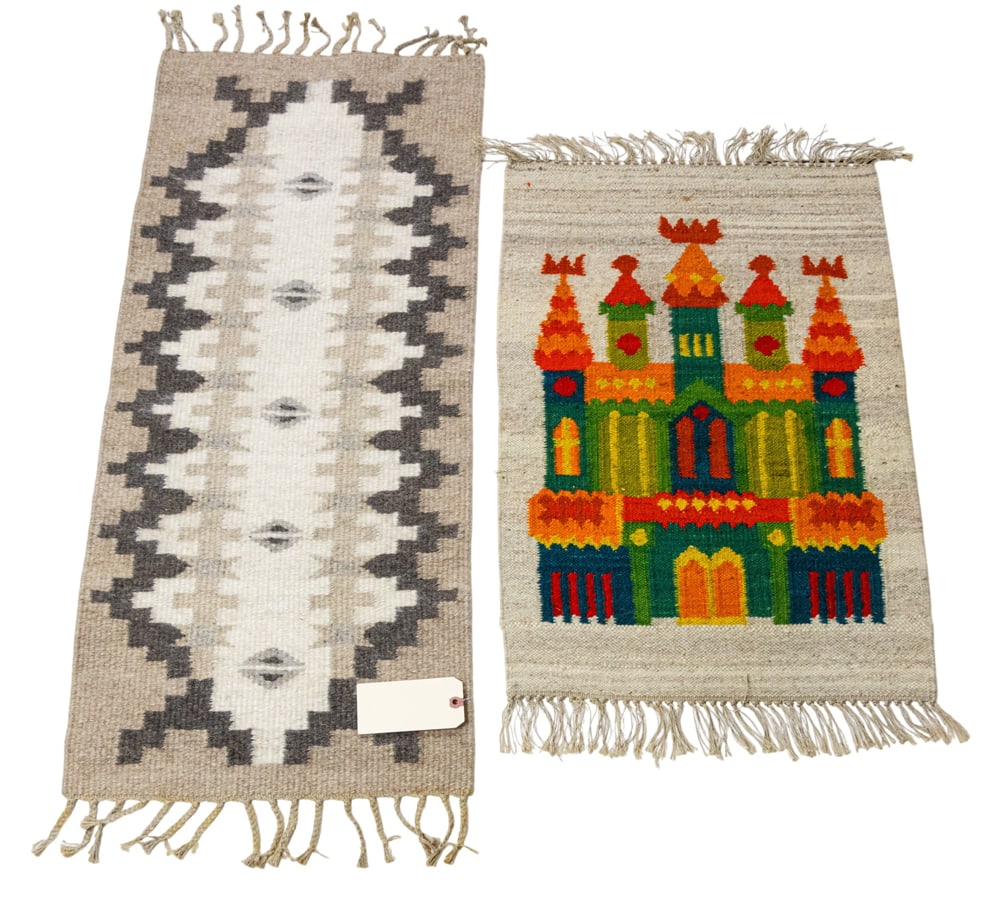 Two wool weavings, including Royal Lesotho Tapestry Weavers: Two wool weavings, the first Royal Lesotho Tapestry Weavers by Malekata Matobo 43"h x 18"d; the second mid-century Polish example with castle design 30"h x 20"w