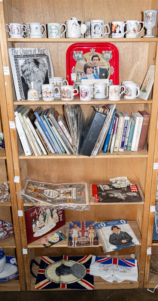 An assembled group of the British royal family memorabilia mainly of the wedding of Princess Diana: An assembled group of the British royal family memorabilia mainly of the wedding of Princess Diana and Prince Charles, the House of Windsor, consisting of mugs, books, paper products, books, t-shirt