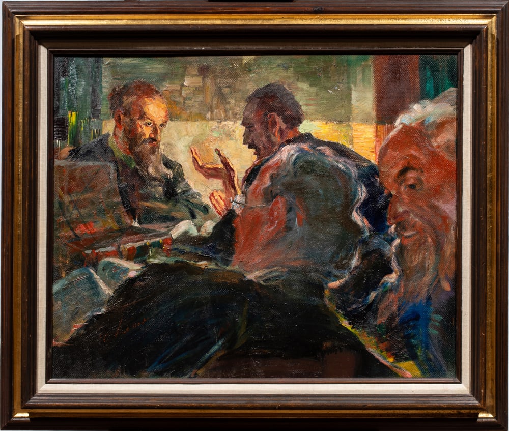 Painting, Edwin Lesser: Edwin Lesser (German/American, 1904-1985), The Discussion, oil on masonite, signed lower left, signed and incribed "685 Sutter St San Francisco, CA" verso, board: 22"h x 28"w, overall (with frame)