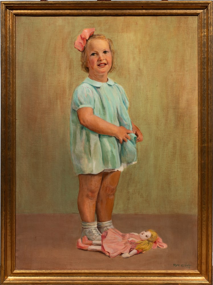 Painting, Ruth Cass Elliott: Ruth Cass Elliott (American, 1891-1975), Portrait of a Young Girl with Doll, 1943, oil on canvas, signed and dated lower right, canvas: 35"h x 25"w, overall (with frame): 38.75"h x 29"w