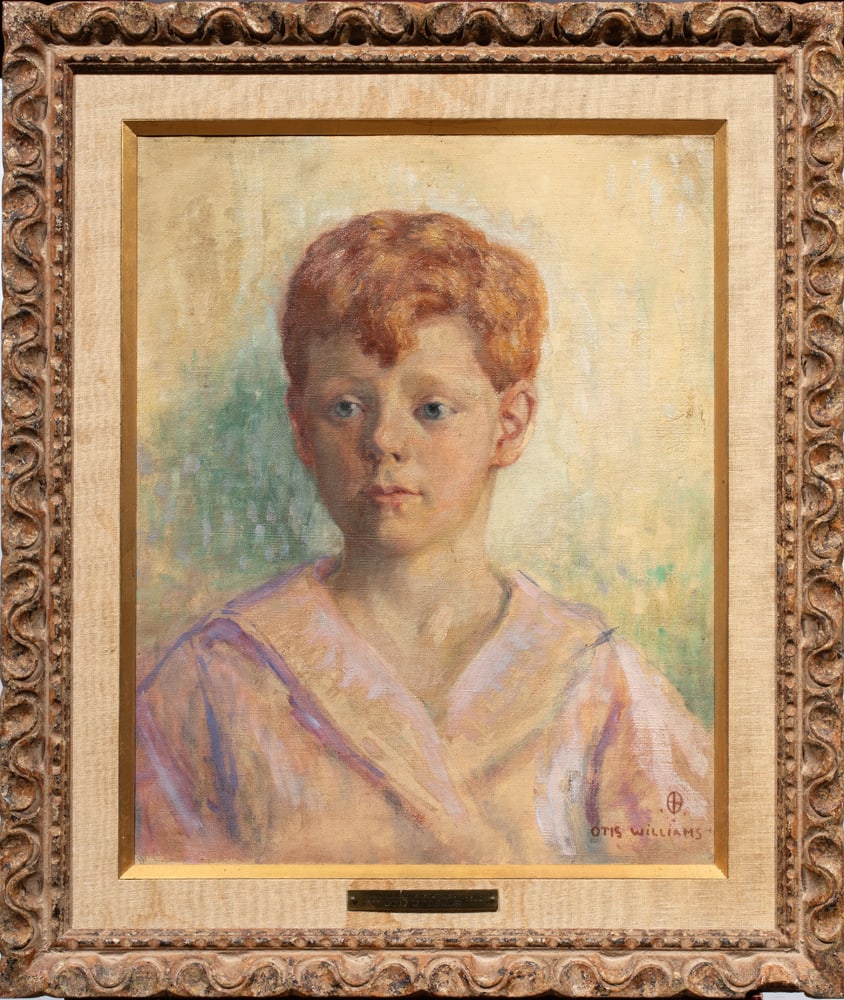 Painting, Otis Williams: Otis Williams (American, 1888-1960), Portrait of a Red-Headed Boy/Portrait of a Blonde Boy, double-sided oil on board, signed lower right, overall (frame): 26"h x 22.25"w