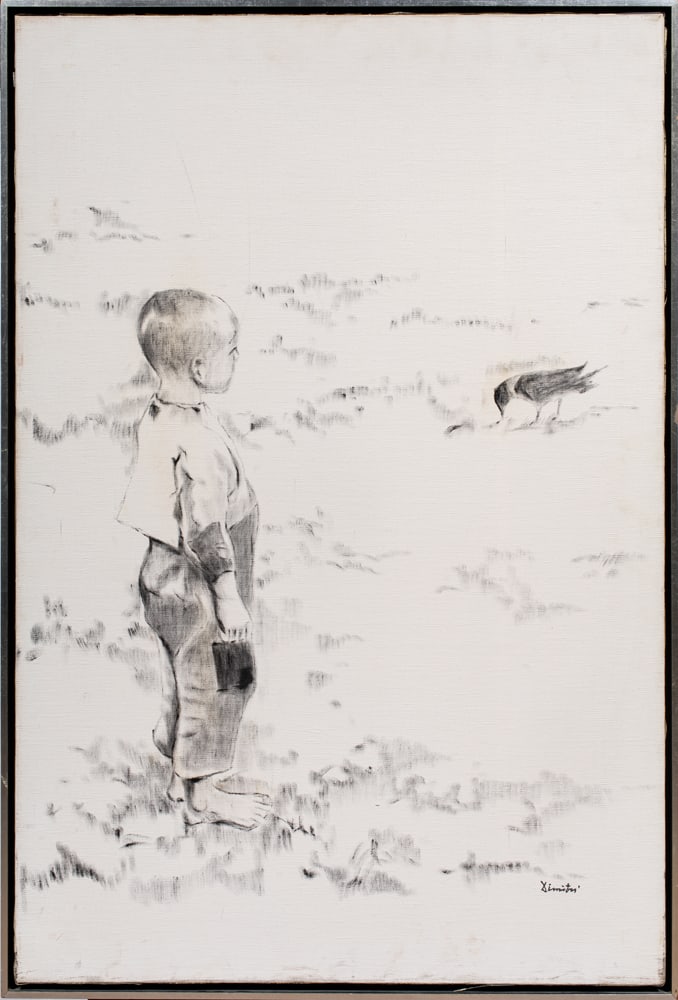 Painting, Dimitri (20th century): Dimitri (20th century), Child with Bird, oil on canvas, signed lower right, overall (with frame): 37"h x 25"w