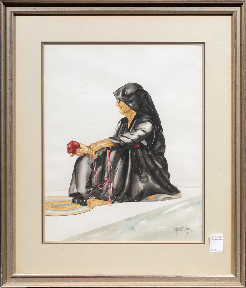 Watercolor, Greek School (20th century): Greek School (20th century), Untitled (Woman with a Ball of Yarn), watercolor, signed indistinctly in Greek lower right, overall (with frame): 28"h x 23.75"w