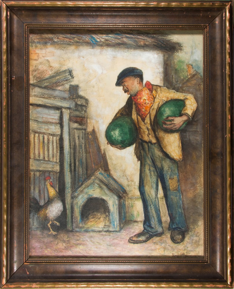 Watercolor, American School (19th century): American School (19th century), Untitled (Man Carrying Melons), 1897, watercolor, signed indistinctly land dated lower right, overall (with frame): 20"h x 16"w
