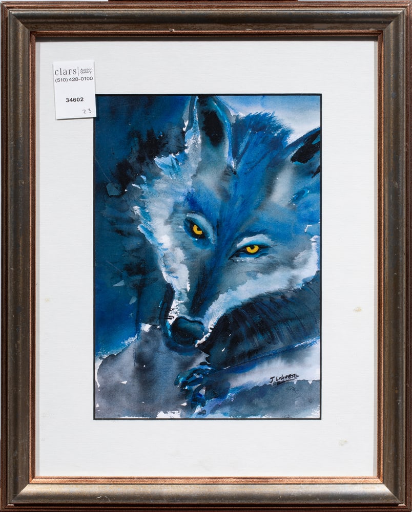 Print, Judy Lehner: Judy Lehner (American, 20th century), "Blue Wolf," offset print, titled verso, overall (with frame): 16"h x 13"w