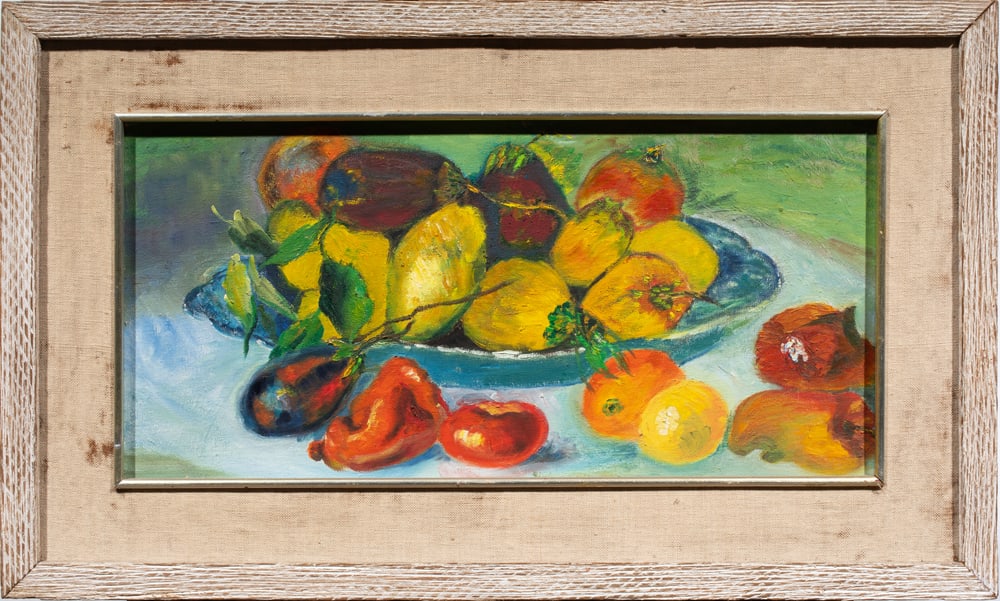 Painting, American School (20th century): American School (20th century), Untitled (Still Life with Fruit and Vegetables), oil on canvas, unsigned, overall (with frame): 15"h x 25"w