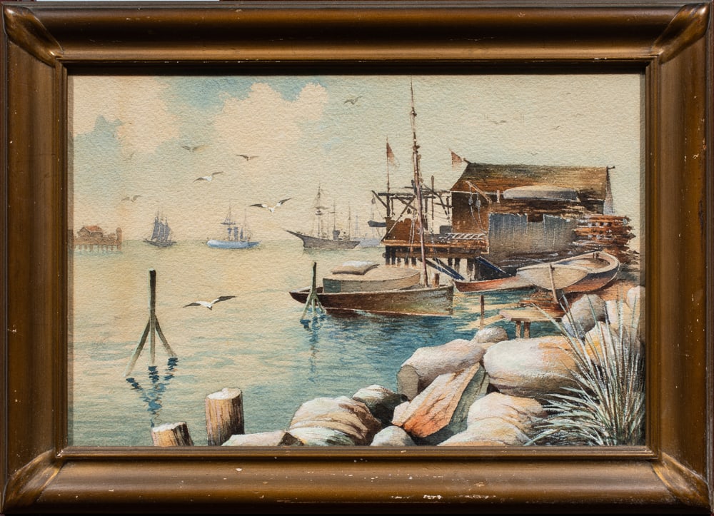 Watercolor, American School (20th century): American School (20th century), Untitled (Harbor), watercolor, unsigned, overall (with frame): 11.25"h x 15.5"w