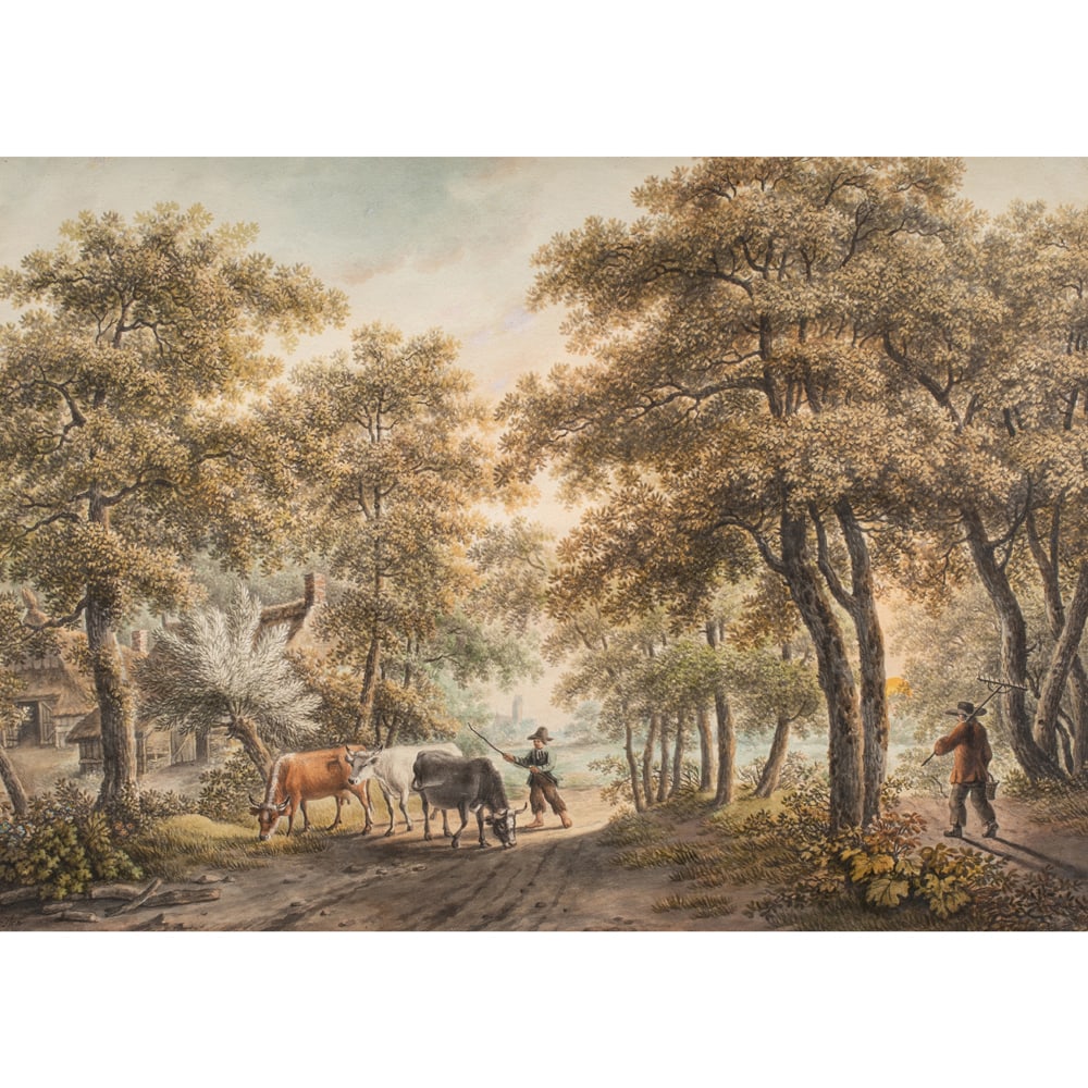 Watercolor, Dutch School (19th century): Dutch School (19th century), Herdsman and Cows, watercolor, signed indistinctly "...Koster" lower left, overall (with frame): 20"h x 25.75"w