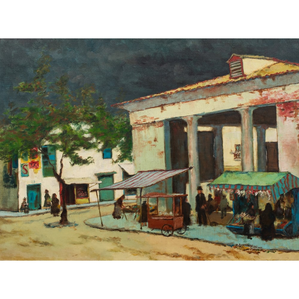 Painting, Manes Lichtenberg: Manes Lichtenberg (American, 1920-2009), Street View, Ibiza, Spain, 1953, acrylic on canvas, signed, titled, and dated lower right, overall (with frame): 19.75"h x 25.75"w
