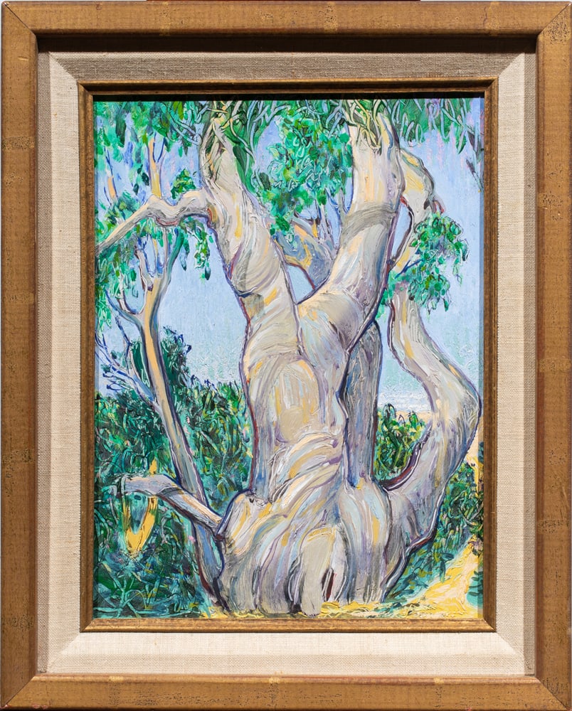 Painting, Don Burgess: Don Burgess (American, 1947-2018), "The Tree by the Sea," oil on board, signed and titled to label verso, overall (with frame): 15.25"h x 12.25"w
