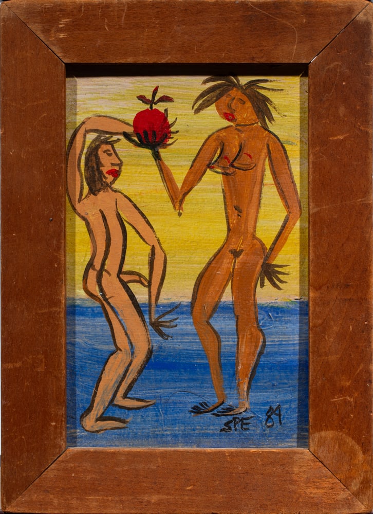 Painting, American School (20th century): American School (20th century), "Adam and Large Eve," 1989, oil on panel, initialed and dated lower right, initialed "SPE", titled, and dated verso, overall (with frame): 7.25"h x 5.25"w