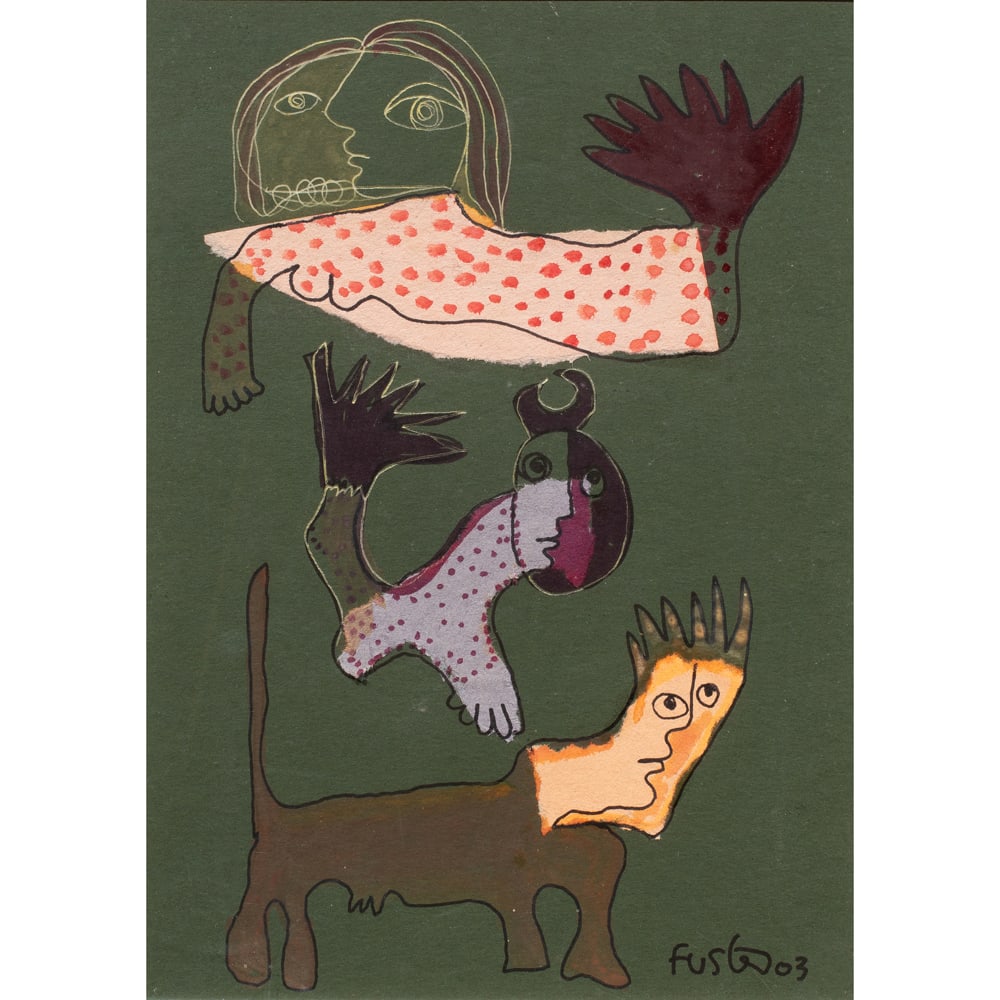 Mixed Media, Jose Rodriguez Fuster: Jose Rodriguez Fuster (Cuban, b. 1946), Woman with Animals, 2003, mixed media, signed and dated lower right, sight: 10.75"h x 7.75"w, overall (with frame): 14.75"h x 11.75"w