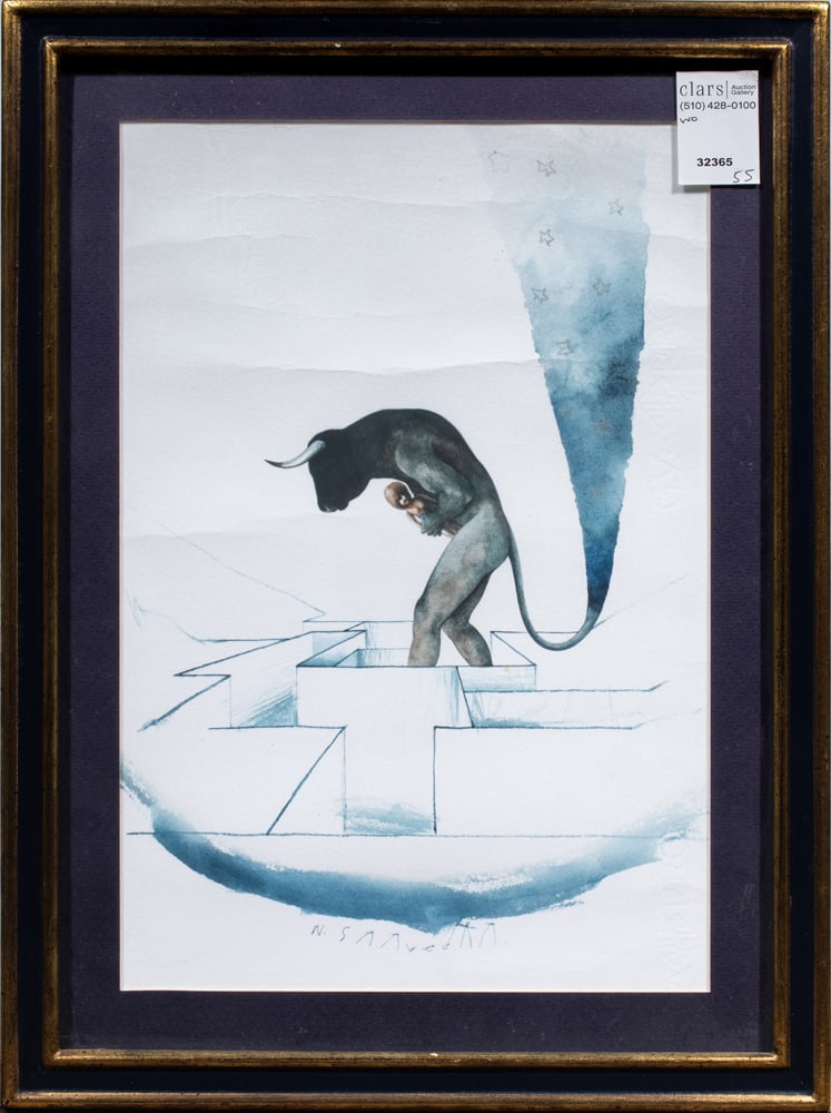 Work on paper, Waldo Saavedra: Waldo Saavedra (Cuban, b. 1961), Untitled (Minotaur), mixed media on paper, pen signed lower center, overall (with frame): 17"h x 12.75"w
