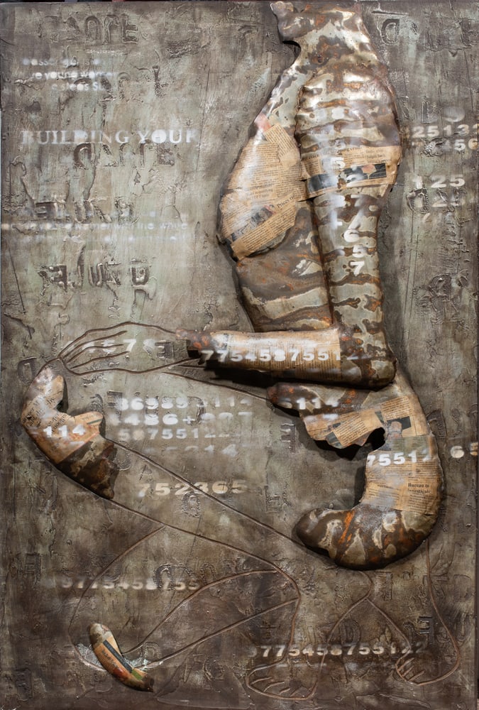 Mixed Media, American School (20th/21st century): American School (20th/21st century), Untitled (Kneeling Figure), mixed media on board, overall (with frame): 47"h x 31"w
