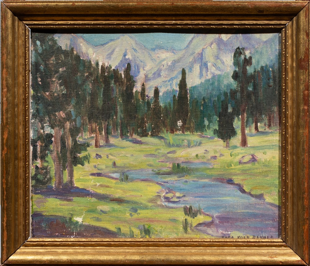 Painting, Sara Ethel Kolb Danner: Sara Ethel Kolb Danner (American, 1894-1969), Landscape with Stream and Mountains, oil on canvas board, signed lower right, overall (with frame): 14"h x 16.5"w