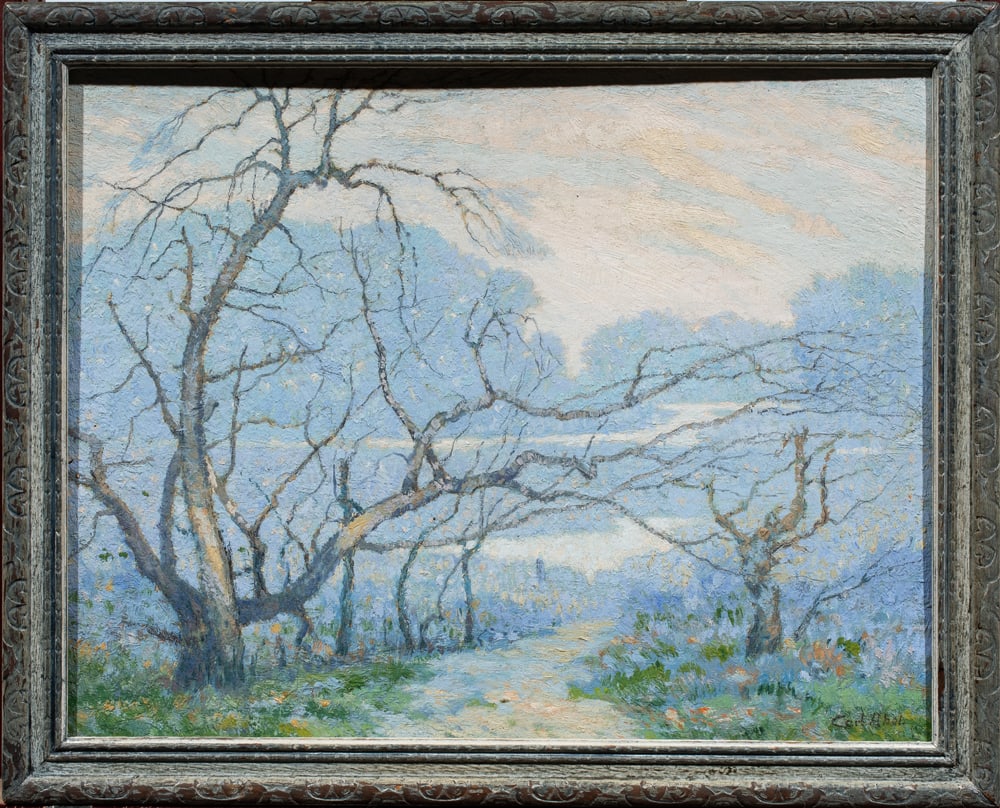 Painting, Carl Abel: Carl Abel (German, 1875-1959), Winter Trees, oil on board, signed lower right, overall (with frame): 12.5"h x 15.5"w