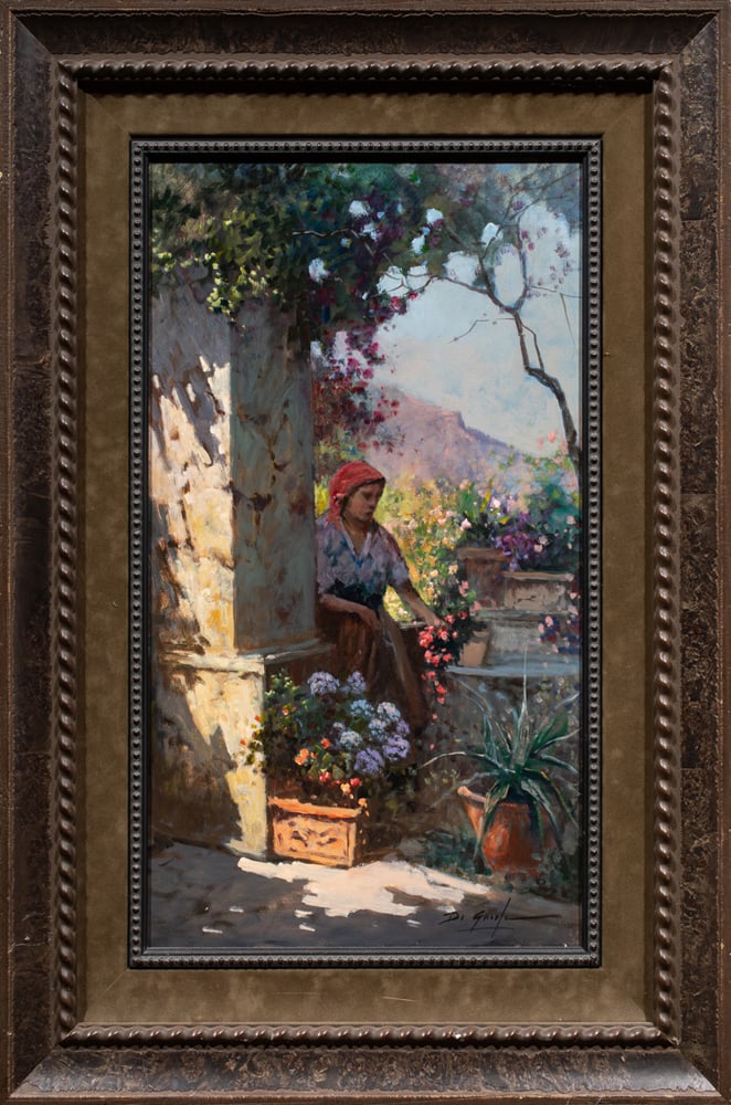 Painting, Gianni Di Guida: Gianni Di Guida (Italian, b. 1965), Woman in Garden, oil on canvas, signed lower right, signed and titled in Italian verso, overall (with frame): 37.5"h x 25.5"w