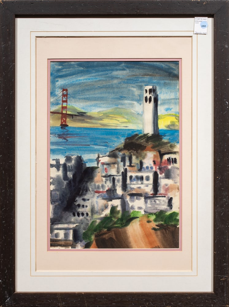 Watercolor, Jack Laycox: Jack Laycox (American, 1921-1984), View of San Francisco, watercolor, unsigned, overall (with frame): 31"h x 22.75"w