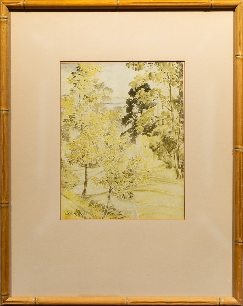 Watercolor, After Chiura Obata: After Chiura Obata (American/Japanese, 1885-1975), "Old Botanical Garden, Early Autumn (1939)," offset print, overall (with frame): 16"h x 12.75"w