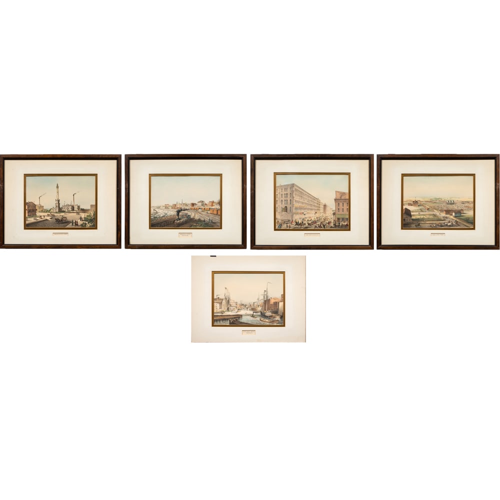 Prints, After Louis Kurtz: (lot of 5) After Louis Kurtz (American, 1834?1921), "Michigan Avenue From the Lake," "Cor. Lake & State Sts.," "Chicago Water Works," "Union Stock Yards," "Rush Street Bridge from State St.," from