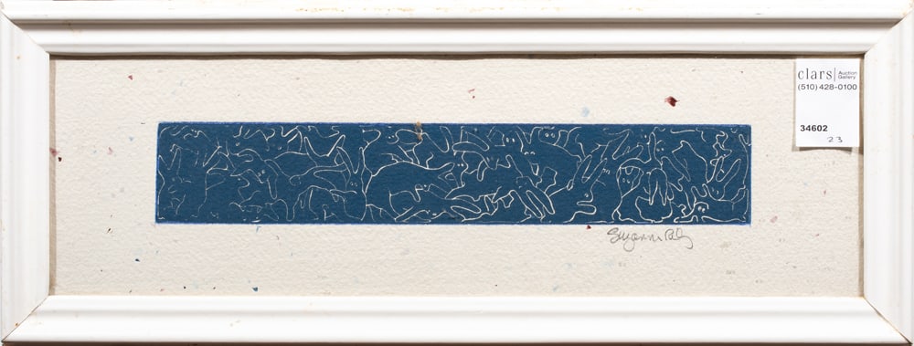 Work on paper, American School (20th century): American School (20th century), Untitled (Bunny Party), mixed media, pencil signed indistinctly "Suzanne" lower right, overall (with frame): 7"h x 18.5"w