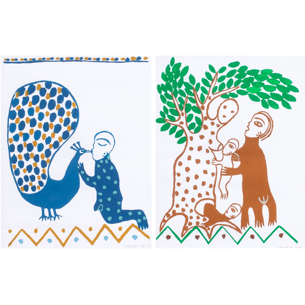 Prints, Manuel Mendive: (lot of 2) Manuel Mendive (Cuban, b. 1944), Untitleds (The Child and Peacock/Tree with Babies), 2002, color lithographs, each signed and dated lower right, sights (each): 13.5"h x 10.5"w, overalls