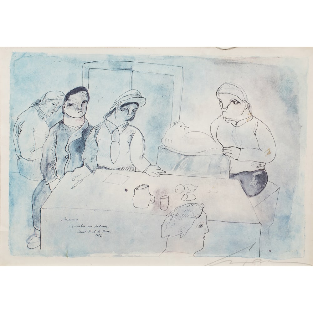 Print, Jose Luis Cuevas: Jose Luis Cuevas (Mexican, 1934-2017), "Familia con Paloma, Saint Paul de Vence, 1981," offset print, pencil signed lower right, overall (with frame): 24"h x 31.5"w
