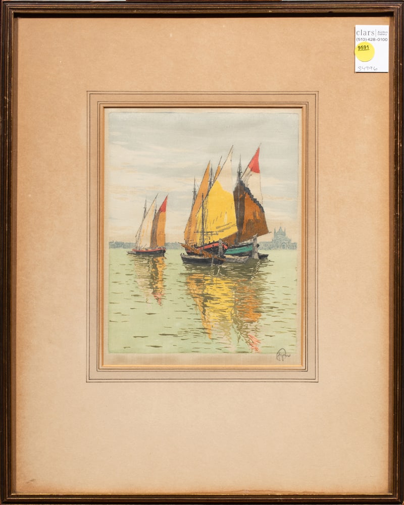 Print, Hans Figura: Hans Figura (Austrian, 1898-1978), "The High Lagoons, Venice," etching on silk, pencil initaled lower right, overall (with frame): 19.25"h x 15.25"w