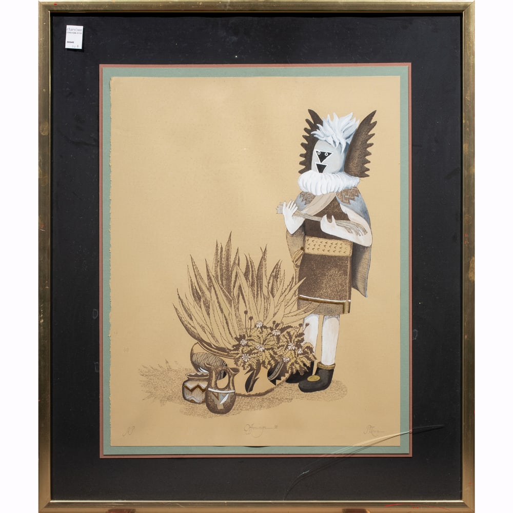 Print, American School (20th century): American School (20th century), "Offerings II," embellished print, signed indistinctly lower right, edition A. P., overall (with frame): 39.5"h x 33.5"w