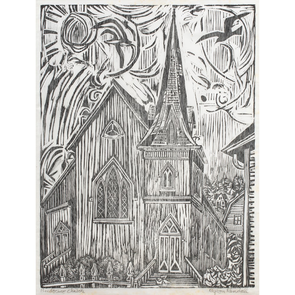 Woodblock, Byron Randall: Byron Randall (American, 1918-1999), "Mendocino Church," 1962, woodblock, pencil signed lower right, titled lower left, image: 27"h x 20.25"w, overall (with frame): 38"h x 30"w