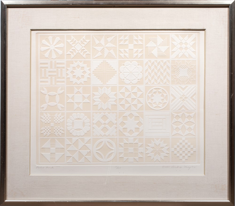 Print, Sondra Mayer: Sondra Mayer (American, 20th century), "Patch Work," 1980, blind embossing, pencil signed and dated lower right, titled lower left, edition 17/250, overall (with frame): 27.5"h x 31"w