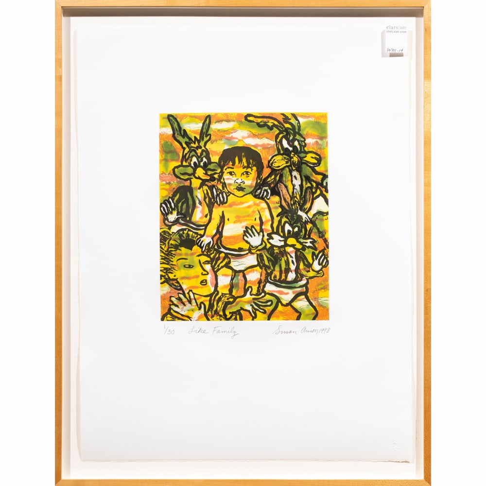Print, Susan Anson: Susan Anson (American, 20th century), "Like Family," 1998, color sugarlift aquatint with drypoint, pencil signed and dated lower right, titled lower center, edition 1/30, image: 12.5"h x 10"w, sheet: