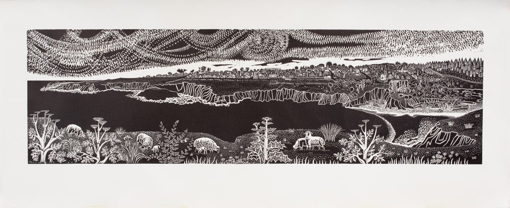 Print, Emmy Lou Packard: Emmy Lou Packard (American, 1914-1998), "View of Mendocino," 1960, offset lithograph, signed and dated in plate, overall (sheet): 14"h x 34"w