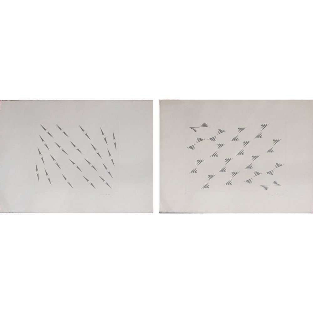 Prints, Tess Jaray: (lot of 2) Tess Jaray (British, b. 1937), Untitleds, 1971, etchings, each pencil signed and dated lower margin, editions HC 1/5 and 1/50, sheet (overall, for each): 23"h x 31"w