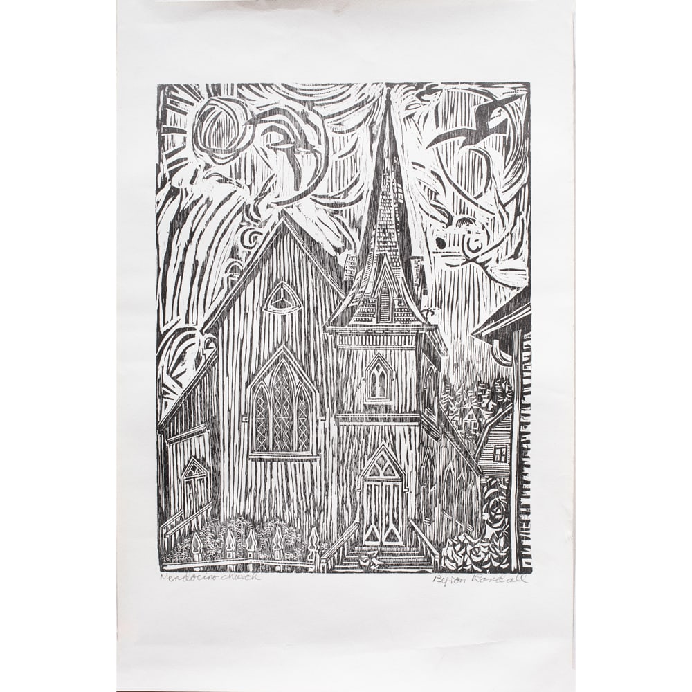 Woodblock, Byron Randall: Byron Randall (American, 1918-1999), "Church in Mendocino," 1961, woodblock, pencil signed lower right and titled lower left, image: 13.5"h x 10.25"w, overall (sheet): 19"h x 12.5"w